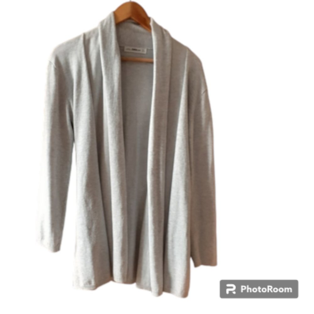 ZARA KNIT Light Grey Open Front Tie-Back Cardigan Sweater Size L